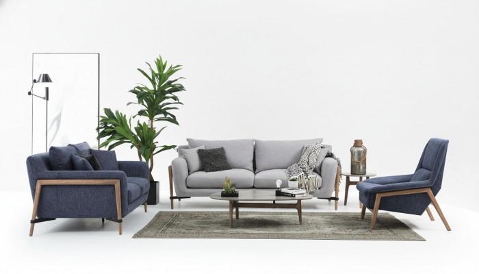 Komplett Canapé-Set Sofaset Sofa 321 Sëtzer Stoff Set Blo
