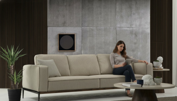 Sofa Dräisëtzer 3 Sëtzer Stoff Modern Sofaen Design Wunnzëmmer Beige