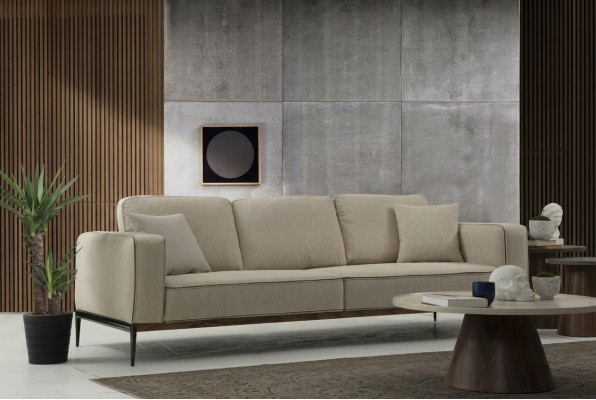 Sofa Dräisëtzer 3 Sëtzer Stoff Modern Sofaen Design Wunnzëmmer Beige