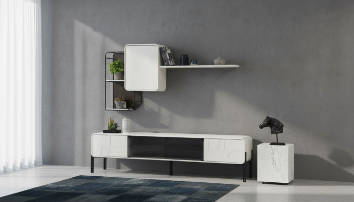 Wunnwand RTV Lowboard Regaler Schaf TV Stänner Set Holz Modern Wäiss