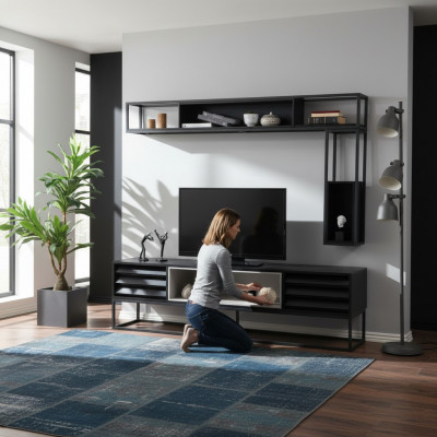 Wunnwand RTV Lowboard Regaler TV Stänner Set Holz Modern Schwaarzt Design