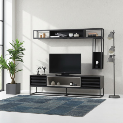 Wunnwand RTV Lowboard Regaler TV Stänner Set Holz Modern Schwaarzt Design