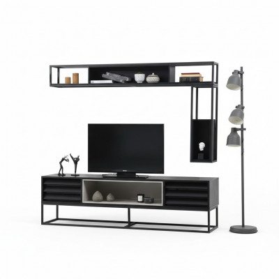 Wunnwand RTV Lowboard Regaler TV Stänner Set Holz Modern Schwaarzt Design