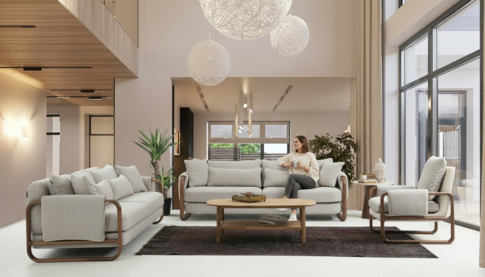 Sofagarnitur 331-Sëtzer Fauteuil Dräi-Sëtzer Modern Stoff Gro Set Design