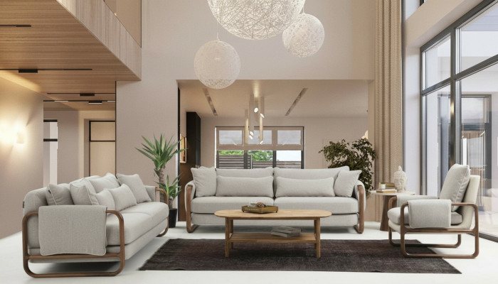 Sofagarnitur 331-Sëtzer Fauteuil Dräi-Sëtzer Modern Stoff Gro Set Design