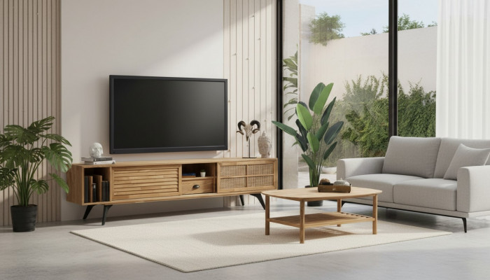 TV Ständer RTV Niddregschaf Dësch Couchtisch Braun Holz Modern Wunnzëmmer Set