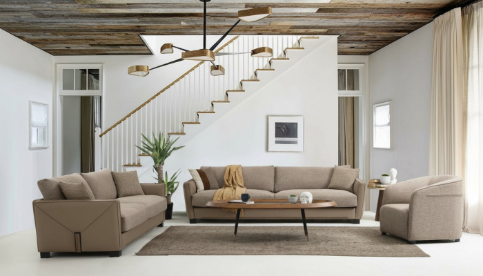 Modern Canapé-Set Set 331 Sëtzer Fotel Dräisëtzer Modern Stoff Beige Set 3tlg