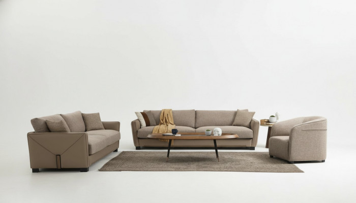 Modern Canapé-Set Set 331 Sëtzer Fotel Dräisëtzer Modern Stoff Beige Set 3tlg