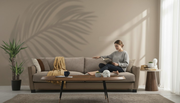 Sofa 4 Sëtzer Véiersëtzer Modern Stoff Beige Sofas Design Wunnzëmmer