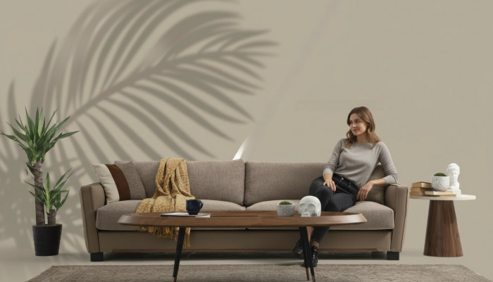 Sofa 3-Sëtzer Dräisëtzer Modern Stoff Beige Sofaen Design Wunnzëmmer