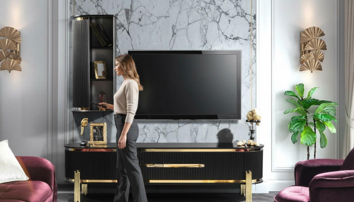 Modernen Lowboard Luxus RTV TV-Stänner Wunnzëimmermiwwelen Schwaarz Gold