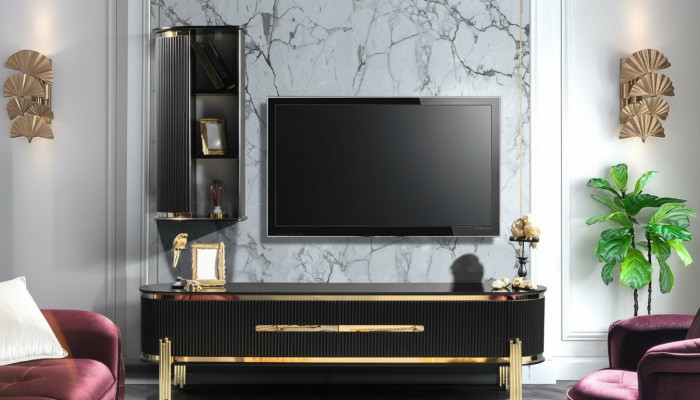 Modernen Lowboard Luxus RTV TV-Stänner Wunnzëimmermiwwelen Schwaarz Gold