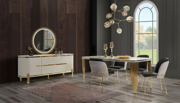 Luxus Iesszëmmer Garnitur Iessgrupp Iessdësch Still Set 6 Deeler Gold Wäiss