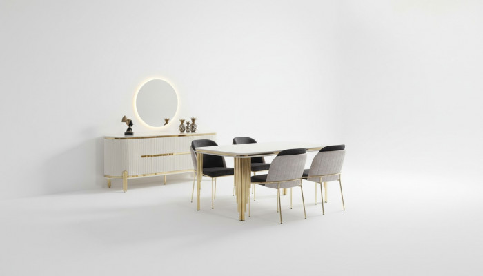 Luxus Iesszëmmer Garnitur Iessgrupp Iessdësch Still Set 6 Deeler Gold Wäiss