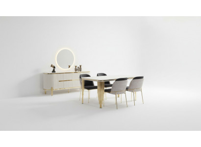Luxus Iesszëmmer Garnitur Iessgrupp Iessdësch Still Set 6 Deeler Gold Wäiss