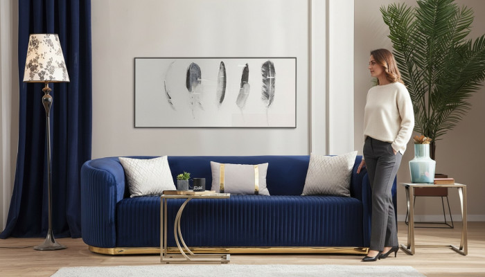 Edelstahl Dräisëtzer Luxus Sofa Blo Wunnzëmmermiwwelen Polstersoffen Couchen