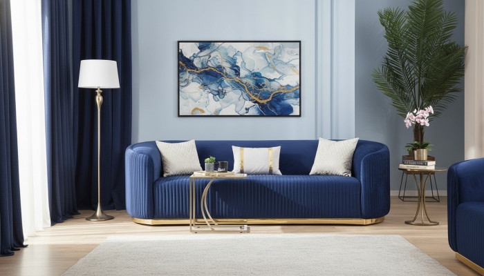 Edelstahl Dräisëtzer Luxus Sofa Blo Wunnzëmmermiwwelen Polstersoffen Couchen