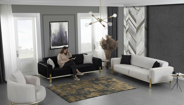 Luxus Sofa-Garnitur Dräisëtzer Modernen Fotell Stoffmëbel Set 3 Deeler Schwaarz 3+3+1