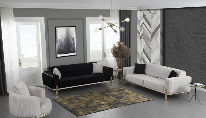 Luxus Sofa-Garnitur Dräisëtzer Modernen Fotell Stoffmëbel Set 3 Deeler Schwaarz 3+3+1
