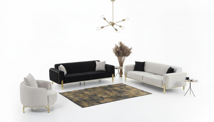 Luxus Sofa-Garnitur Dräisëtzer Modernen Fotell Stoffmëbel Set 3 Deeler Schwaarz 3+3+1