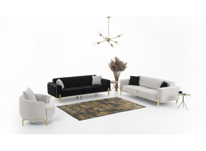 Luxus Sofa-Garnitur Dräisëtzer Modernen Fotell Stoffmëbel Set 3 Deeler Schwaarz 3+3+1