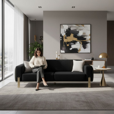 Modernen schwaarzen Dräisëtzer mat Edelstol Polster Couch Sofaen Design
