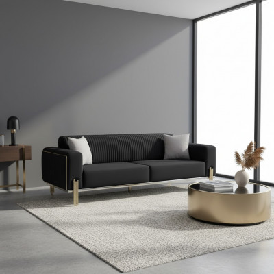 Modernen schwaarzen Dräisëtzer mat Edelstol Polster Couch Sofaen Design