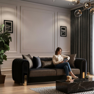 Sofa Dräisëtzer Dräisëtzer Modern Stoff Schwaarz Sofaen Design Wunnzëmmer