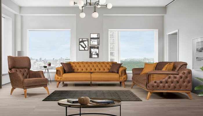 Chesterfield Sëtzgrupp Luxus Canapé-Set Dräisëtzer Fauteuil 3tlg.
