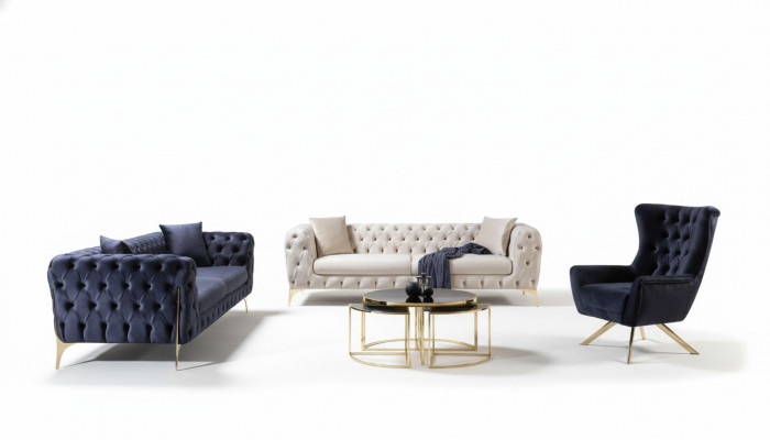 Sofa-Set Chesterfield Dräisëtzer a Fauteuil Blo Luxus Set 3tlg 3+3+1