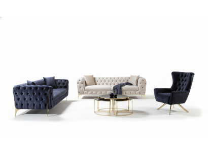 Sofa-Set Chesterfield Dräisëtzer a Fauteuil Blo Luxus Set 3tlg 3+3+1