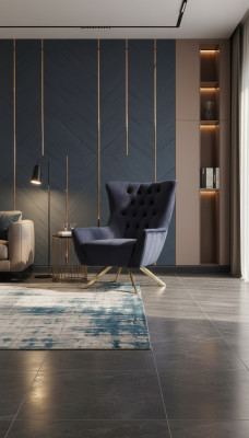 Chesterfield Fauteuil mat Héich Réck Stoff Blo Wunnzëmmer Polyester Einsëtzeger