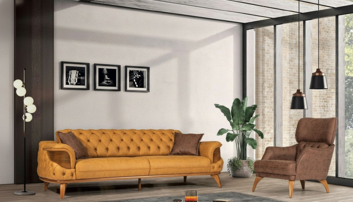 Moderne Chesterfield Sofalandschaft Dreesëtzer Luxus Sofa Fautëuil Giel 2tlg