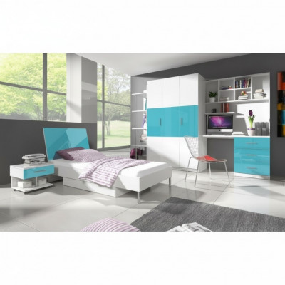 Bett + Nuetsdësch - Schlofzëmmer Miwwelen Kannerzëmmer Better Blo 2tlg. Set Neien