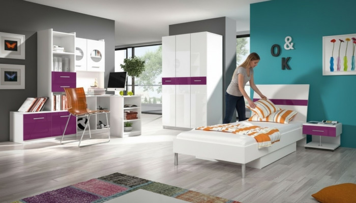 Lila Schlofkummer Jugendzëmmer Set Modern Kleederschaf Dësch 5-Teileg.