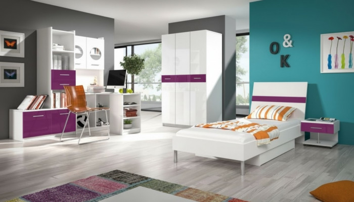 Lila Schlofkummer Jugendzëmmer Set Modern Kleederschaf Dësch 5-Teileg.