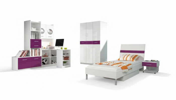 Lila Schlofkummer Jugendzëmmer Set Modern Kleederschaf Dësch 5-Teileg.