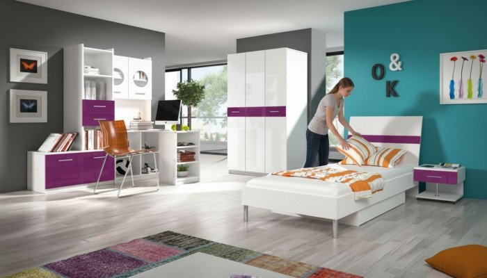Bett + Nuetsdësch Schlofzëmmer Jugendzëmmer Kannerzëmmer Set Miwwelen Violett 2tlg.
