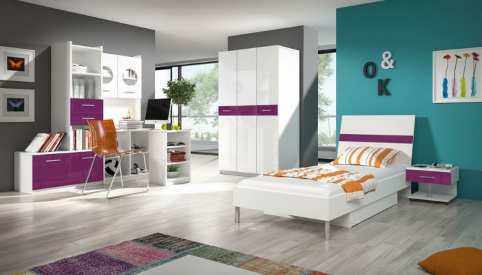 Bett + Nuetsdësch Schlofzëmmer Jugendzëmmer Kannerzëmmer Set Miwwelen Violett 2tlg.