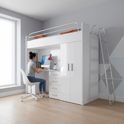 Wäisst Duebelstéckbett Holz Etagebett Meedecher Héichglanz Schreifdësch Schaf Nei