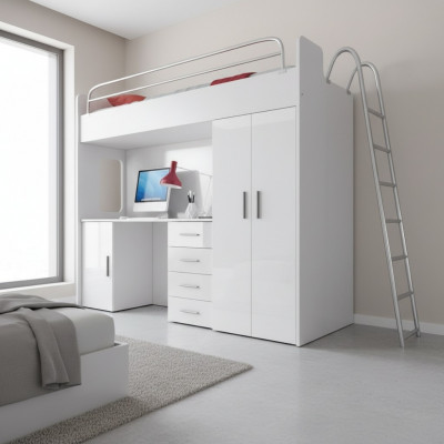 Wäisst Duebelstéckbett Holz Etagebett Meedecher Héichglanz Schreifdësch Schaf Nei