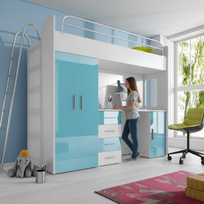 Blo Däiwelstackbett aus Holz Etagenbett Meedercher Héichglanz mat Schreifdësch Schaf