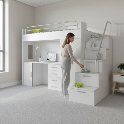 Kannerzëmmer Etagenbett Wäiss Dësch Schaf Multifunktion Hochbett