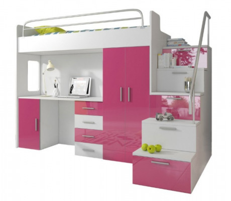 Duebelschlofkummer Stäckebett Bett Kannerbett Jugendbett Héichbett Rosa Kannerzëmmer