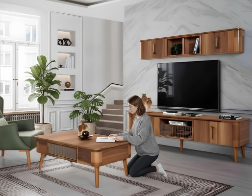 TV Wand Holz Stil Modern Regal Wunnzëmmer Miwwelen Schaf nei modern Wunnwand nei