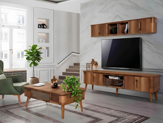 TV Wand Holz Stil Modern Regal Wunnzëmmer Miwwelen Schaf nei modern Wunnwand nei