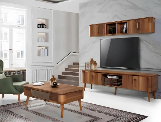 TV Wand Holz Stil Modern Regal Wunnzëmmer Miwwelen Schaf nei modern Wunnwand nei