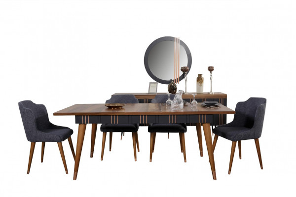 Dëscher Iesszëmmer Garnitur Iessdësch Stull Set 5tlg. Textil Holz Lehn Still Miwwelen