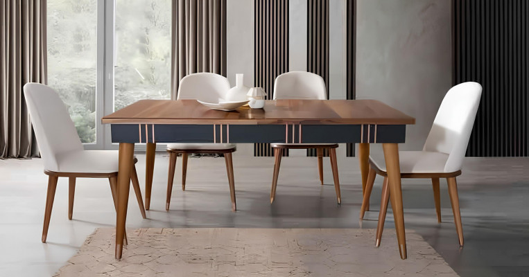 Dëscher Iesszëmmer Garnitur Iessdësch Stull Set 5tlg. Textil Holz Lehn Still Miwwelen