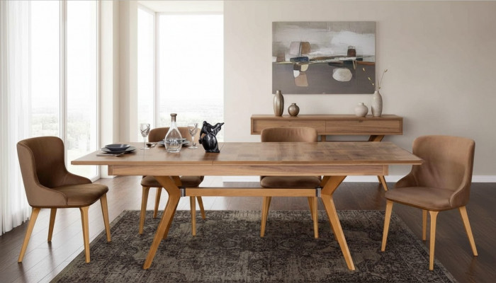 Designer Holz Iesszëmmer Set Dësch 4x Lehn Still Set Garnitur Polster 5-Deel Set